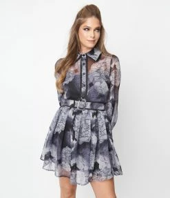 Katakomb Clothing Black & Grey Floral Print Dakota Flare Dress