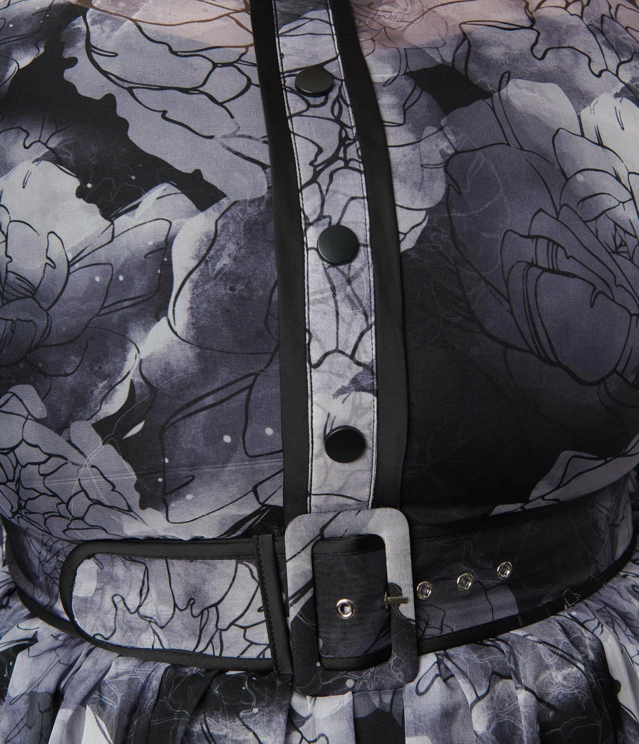 Katakomb Plus Size Black & Grey Floral Print Dakota Flare Dress Clothing