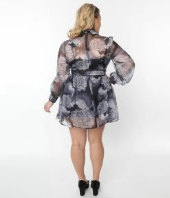 Katakomb Plus Size Black & Grey Floral Print Dakota Flare Dress Clothing