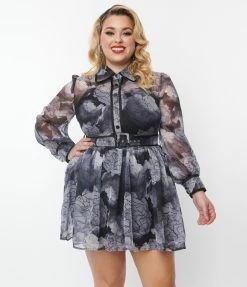 Katakomb Plus Size Black & Grey Floral Print Dakota Flare Dress Clothing