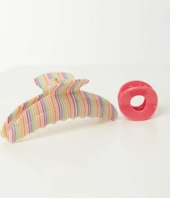 Pannee Rainbow Stripe & Pink Hair Claw Set Accessories