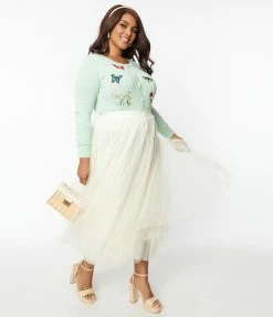 ODDI Plus Size Cream Tulle Midi Skirt