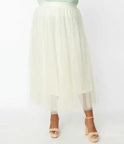 ODDI Plus Size Cream Tulle Midi Skirt