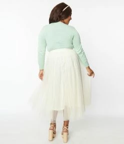 ODDI Plus Size Cream Tulle Midi Skirt
