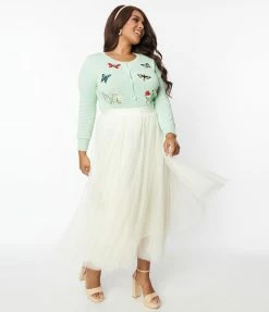 ODDI Plus Size Cream Tulle Midi Skirt