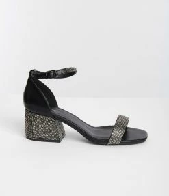 Qupid Black Rhinestone Block Heel Sandal Heels & Wedges