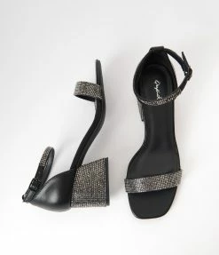 Qupid Black Rhinestone Block Heel Sandal Heels & Wedges