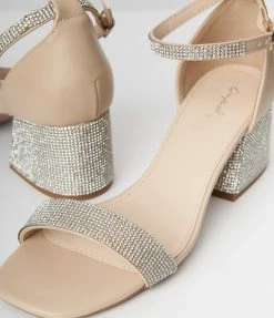 Qupid Shoes Champagne Rhinestone Block Heel Sandal