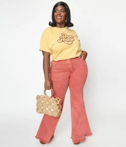 Saints & Hearts New Arrivals! Plus Size Rust Washed Denim Flare Jeans