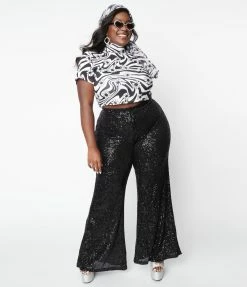 Saints & Hearts Plus Size Retro Style Black Sequin Flare Pants