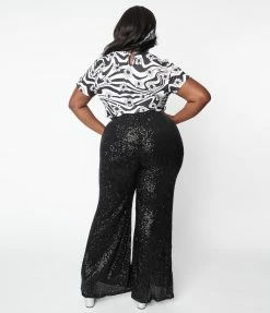 Saints & Hearts Plus Size Retro Style Black Sequin Flare Pants