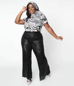 Saints & Hearts Plus Size Retro Style Black Sequin Flare Pants