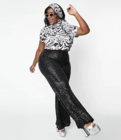Saints & Hearts Plus Size Retro Style Black Sequin Flare Pants