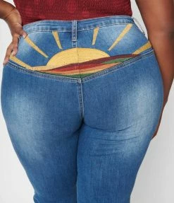 Saints & Hearts New Arrivals! Plus Size Blue Denim Sun Embroidered Jeans