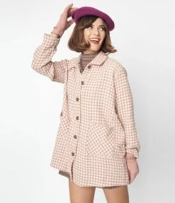 Hayden Clothing Pink & Cream Houndstooth Soft Coat