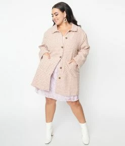 Hayden Plus Size Pink & Cream Houndstooth Soft Coat Clothing