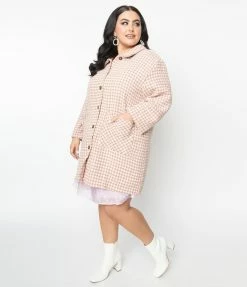 Hayden Plus Size Pink & Cream Houndstooth Soft Coat Clothing