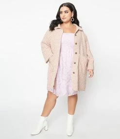Hayden Plus Size Pink & Cream Houndstooth Soft Coat Clothing