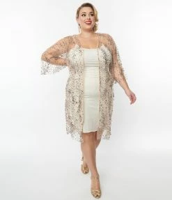Hayden Clothing Plus Size Champagne Mesh & Iridescent Glitter Sequin Kimono