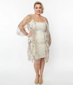 Hayden Clothing Plus Size Champagne Mesh & Iridescent Glitter Sequin Kimono