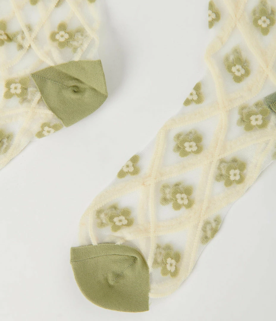 Ana Accessories Green Ditsy Daisy Sheer Crew Socks