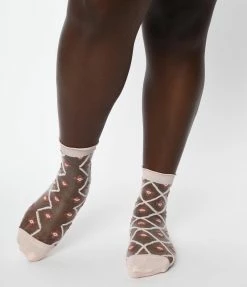 Ana Accessories Pink Ditsy Daisy Sheer Crew Socks