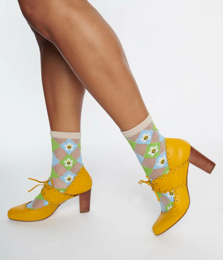 Anarchy Street Blue & Green Floral Diamond Crew Socks Accessories