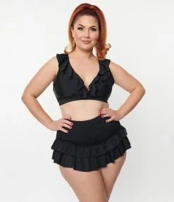 Swimwear Unique Vintage Plus Size Black Smocked Ruffle Swim Bottom