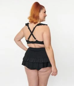 Swimwear Unique Vintage Plus Size Black Smocked Ruffle Swim Bottom