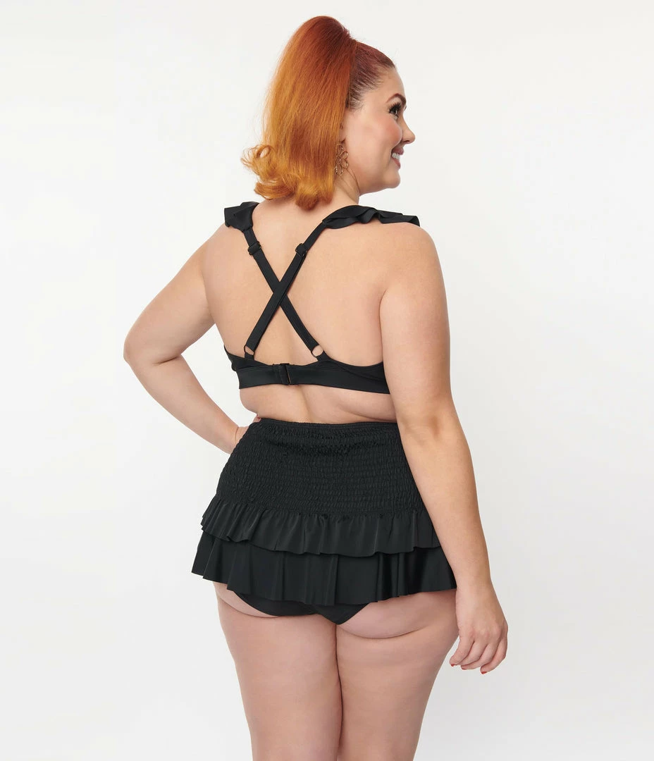 Swimwear Unique Vintage Plus Size Black Smocked Ruffle Swim Bottom