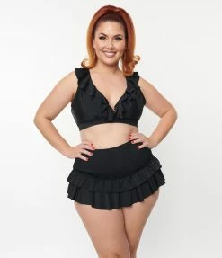 Swimwear Unique Vintage Plus Size Black Smocked Ruffle Swim Bottom