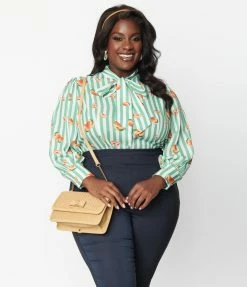 Unique Vintage Plus Size Green Stripe & Peaches Gwen Blouse Clothing