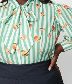 Unique Vintage Plus Size Green Stripe & Peaches Gwen Blouse Clothing
