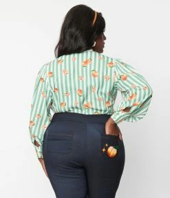 Unique Vintage Plus Size Green Stripe & Peaches Gwen Blouse Clothing