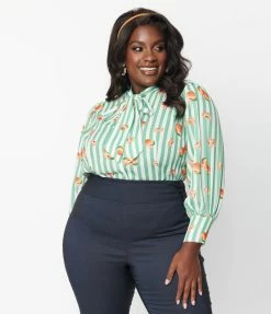 Unique Vintage Plus Size Green Stripe & Peaches Gwen Blouse Clothing