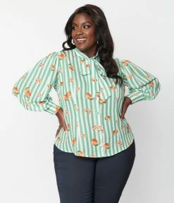 Unique Vintage Plus Size Green Stripe & Peaches Gwen Blouse Clothing