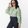 Clothing Unique Vintage Green Stripe & Peaches Gwen Blouse