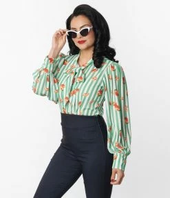 Clothing Unique Vintage Green Stripe & Peaches Gwen Blouse