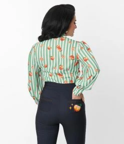 Clothing Unique Vintage Green Stripe & Peaches Gwen Blouse