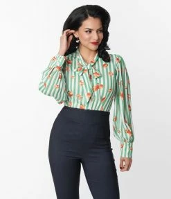 Clothing Unique Vintage Green Stripe & Peaches Gwen Blouse