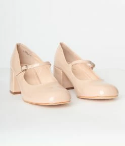 Verona Collection Nude Patent Leatherette Mary Jane Heels Shoes