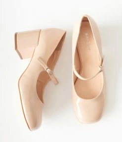 Verona Collection Nude Patent Leatherette Mary Jane Heels Shoes