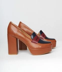 December Shoes Brown Patent Leatherette Loafer Heels