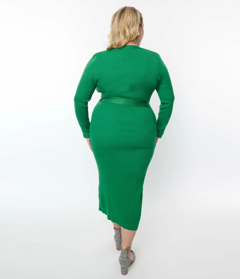 Flying Tomato Plus Size Green Ribbed Sweater Pencil Midi Dress Trending