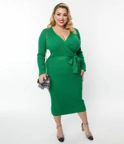 Flying Tomato Plus Size Green Ribbed Sweater Pencil Midi Dress Trending