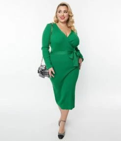 Flying Tomato Plus Size Green Ribbed Sweater Pencil Midi Dress Trending