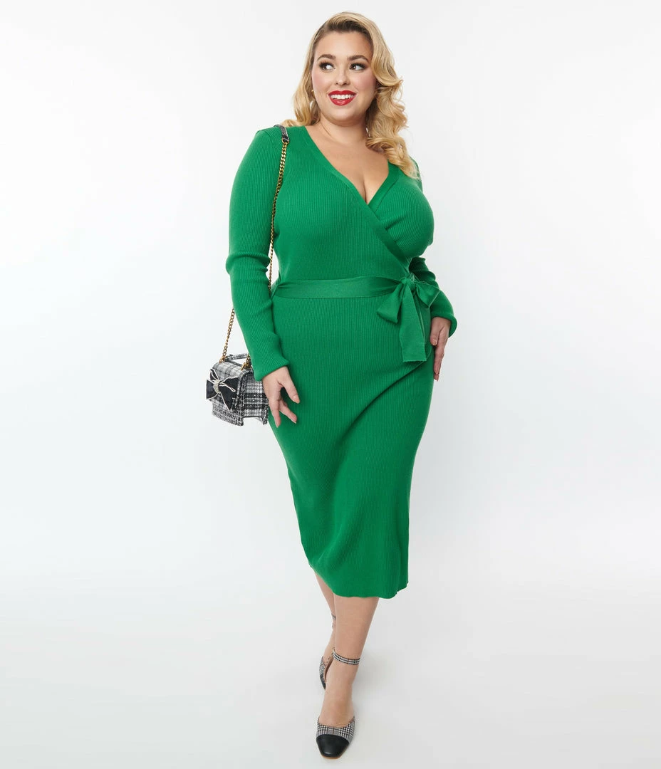 Flying Tomato Plus Size Green Ribbed Sweater Pencil Midi Dress Trending