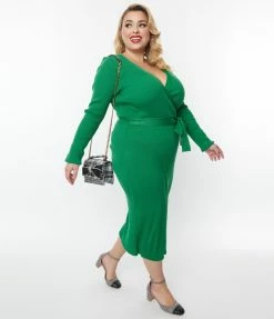 Flying Tomato Plus Size Green Ribbed Sweater Pencil Midi Dress Trending