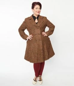 SHEEN Clothing Ltd Plus Size Tan Gingham Double Breasted Tania Coat
