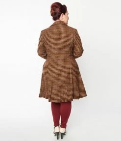 SHEEN Clothing Ltd Plus Size Tan Gingham Double Breasted Tania Coat